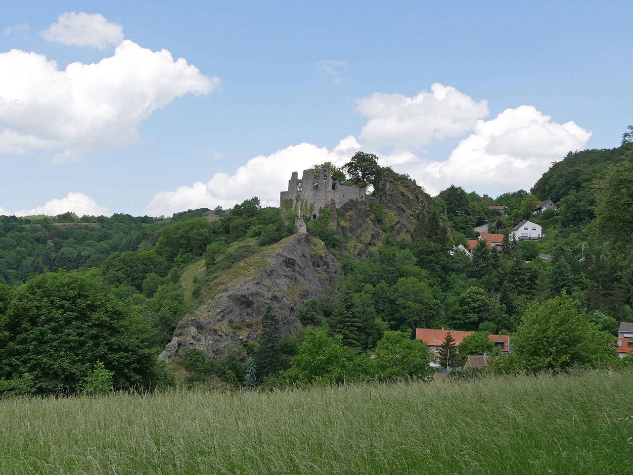 Blick vom Donnersberg auf die Burgruine Falkenstein