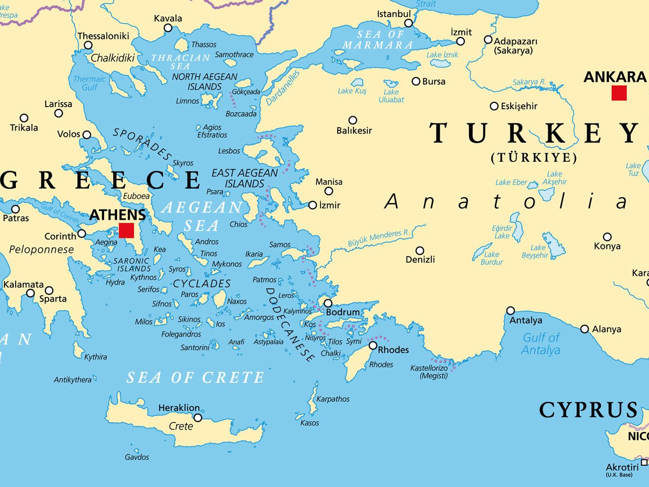 Karte mit den griechischen Inseln, englische Bezeichnungen