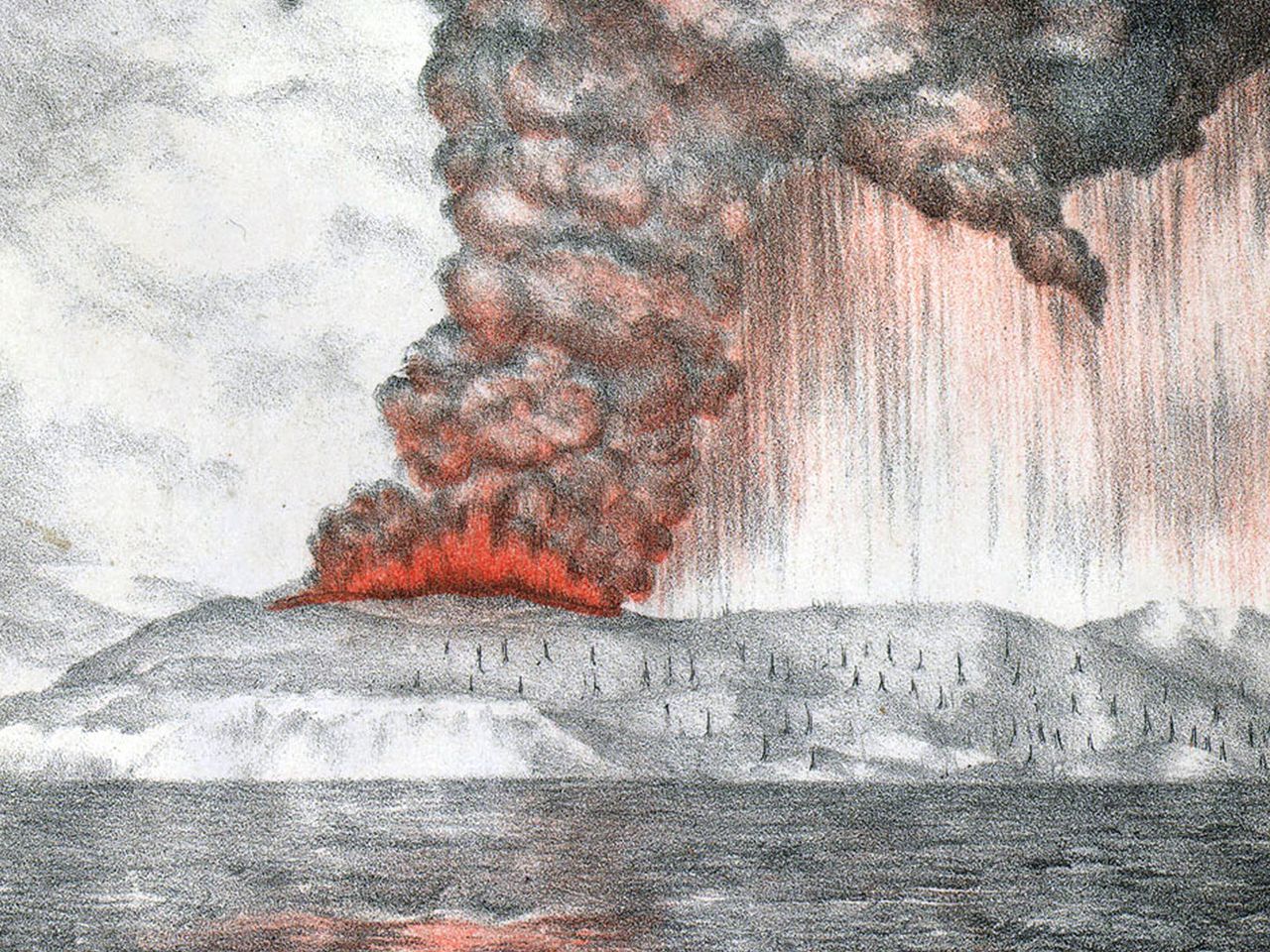 Eine Lithografie zeigt den Ausbruch des Krakatau im Jahr 1883.