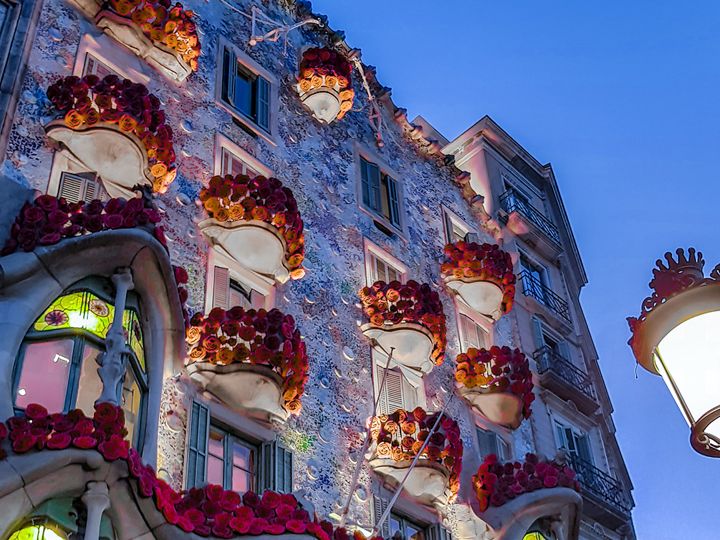 Rosen hängen an den Balkonen des Casa Battló