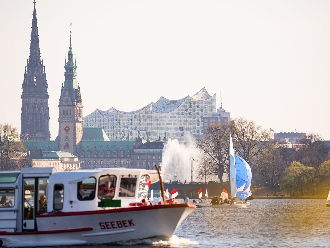 Blick auf die Außenalster in Hamburg mit Alsterdampfer, Elbphilharmonie, Segelboot, Rathaus, St. Nikolai.
