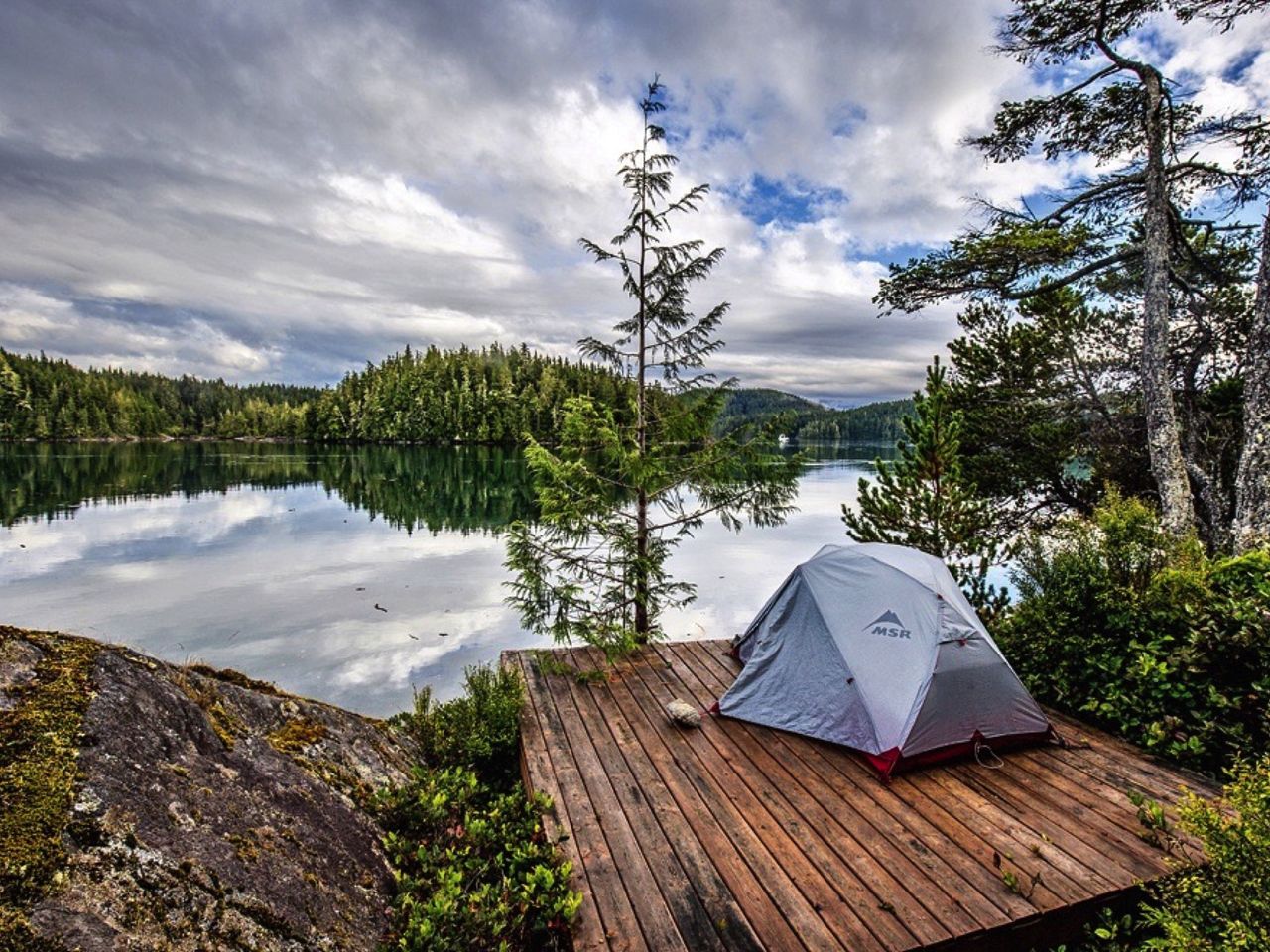 Campingplatz und Zelt, Wald auf Vancouver Island