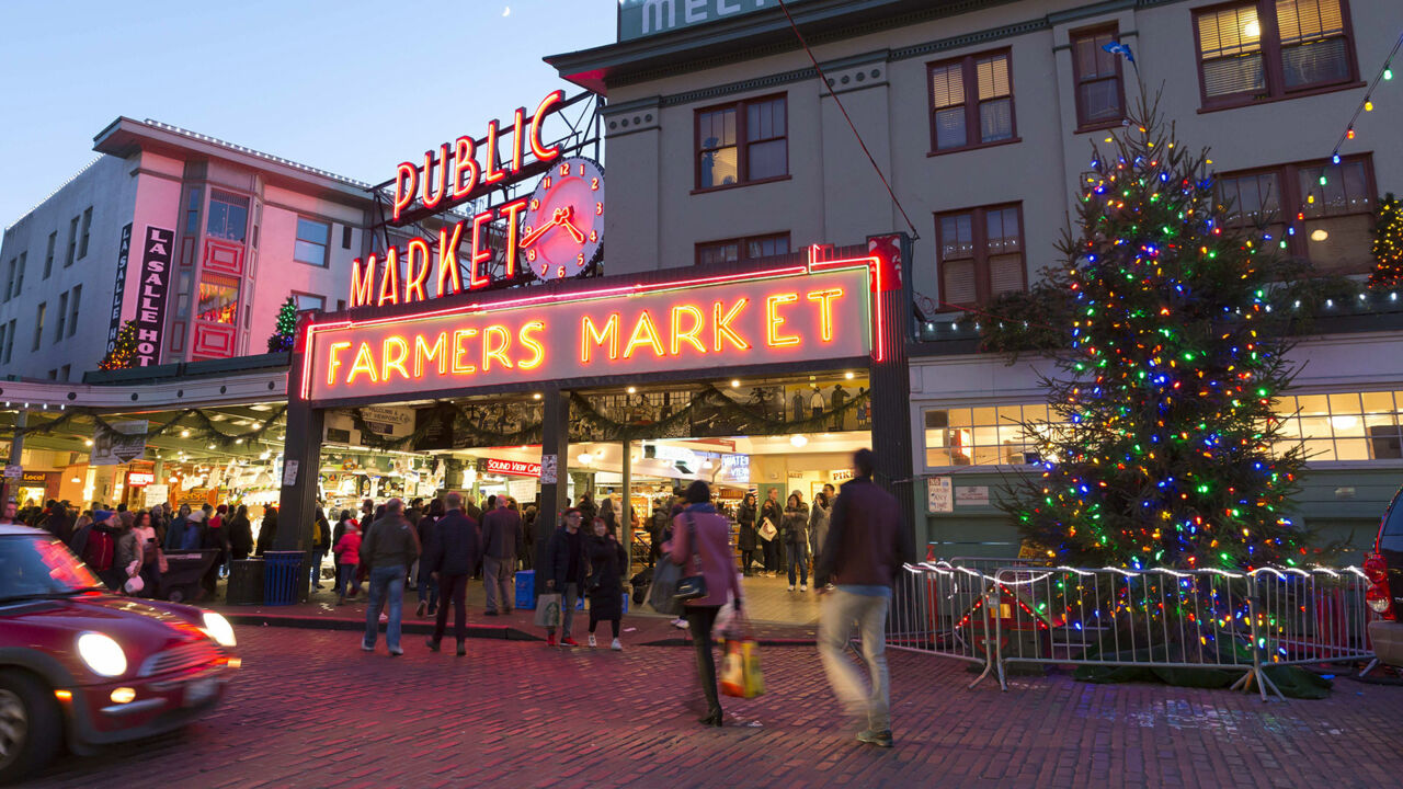 Pike Place Market in Seattle zur Weihnachtszeit