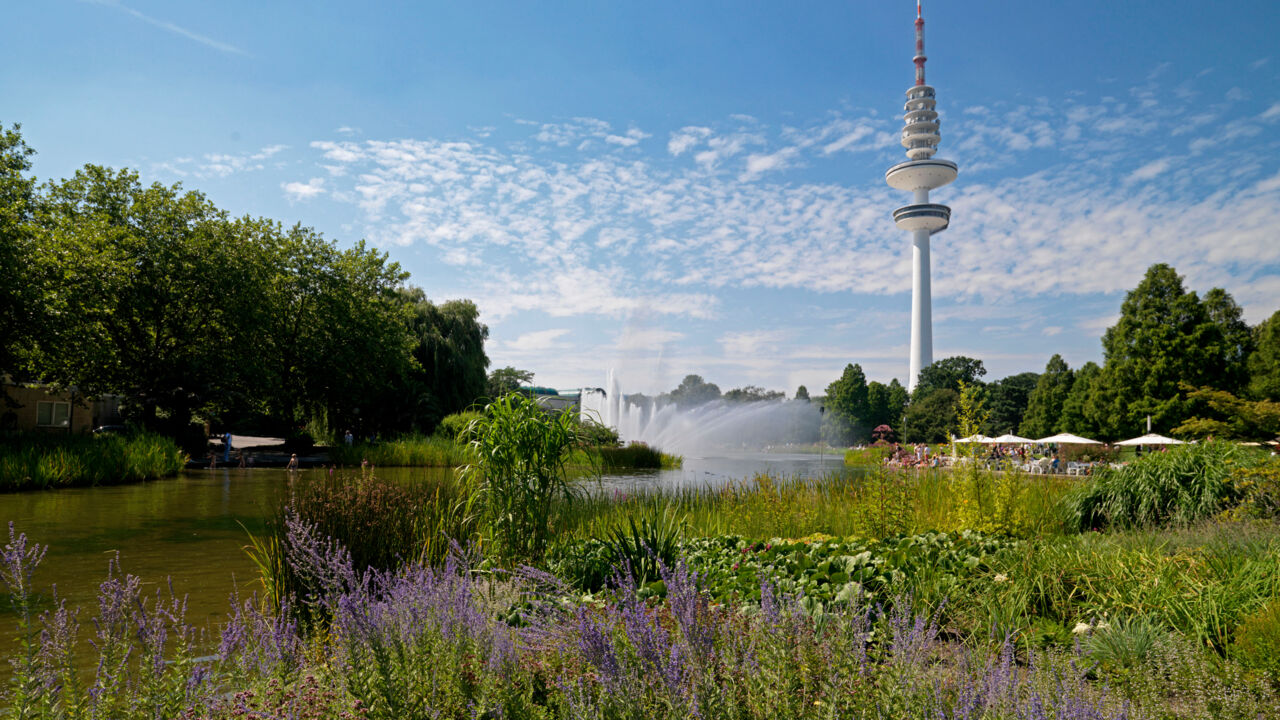Der Park Planten un Blomen in Hamburg mit Blick auf den Fernsehturm