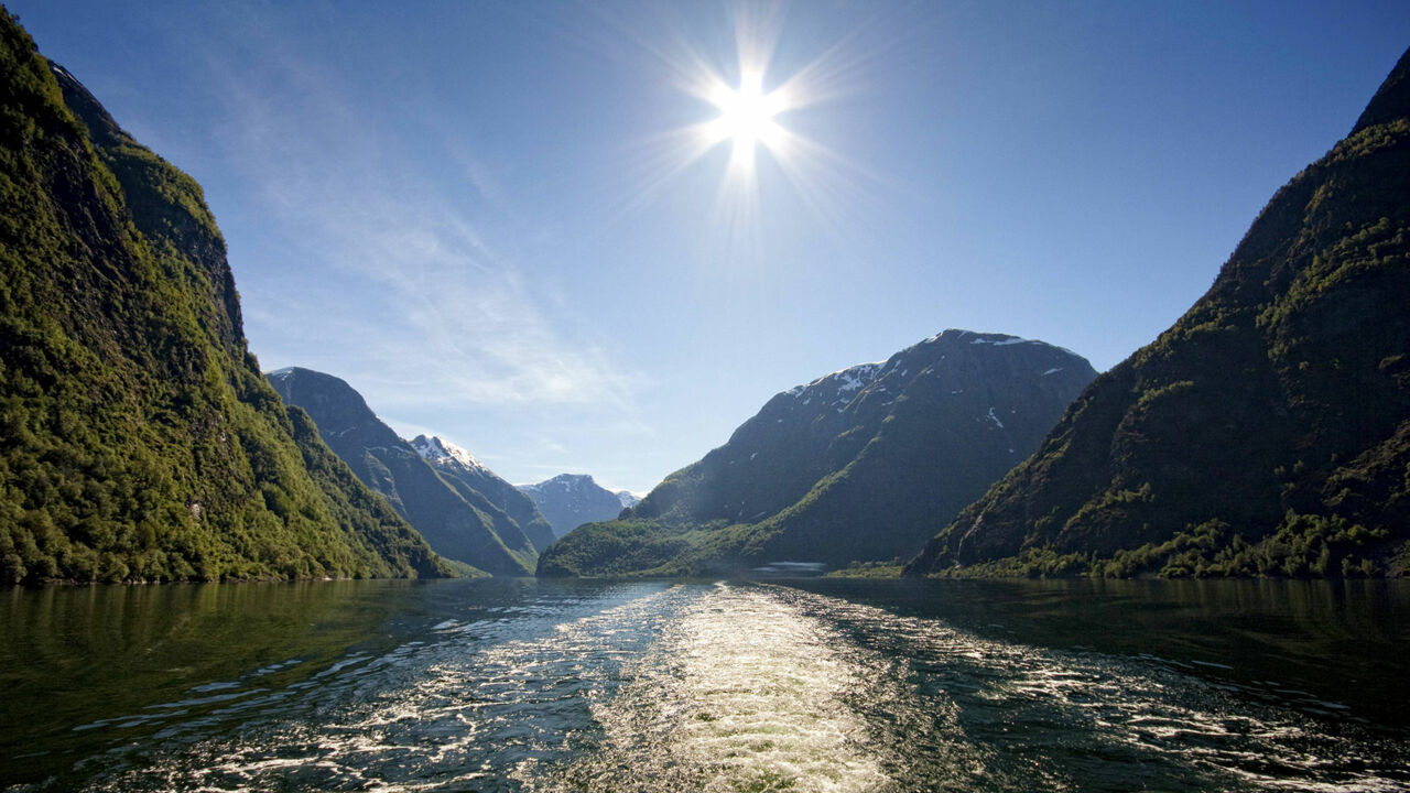 Ein Kreuzfahrtschiff fährt durch den Nærøyfjord