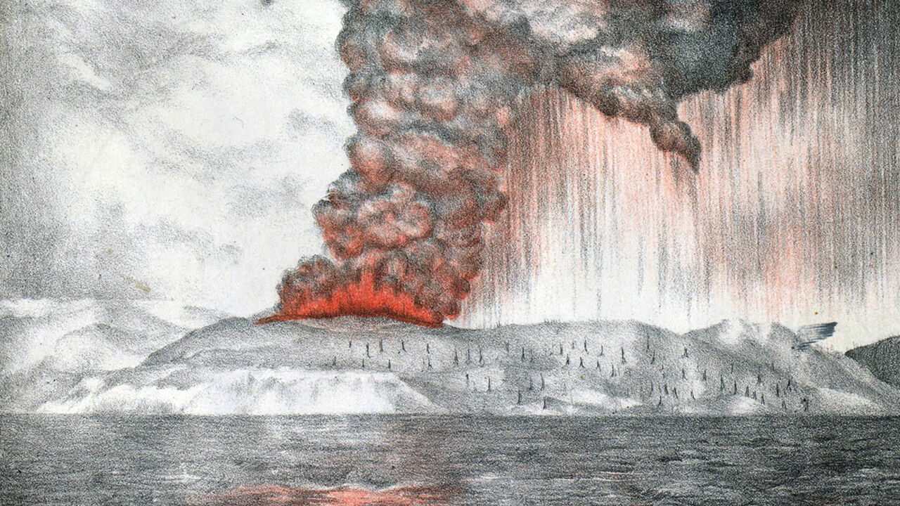 Eine Lithografie zeigt den Ausbruch des Krakatau im Jahr 1883.