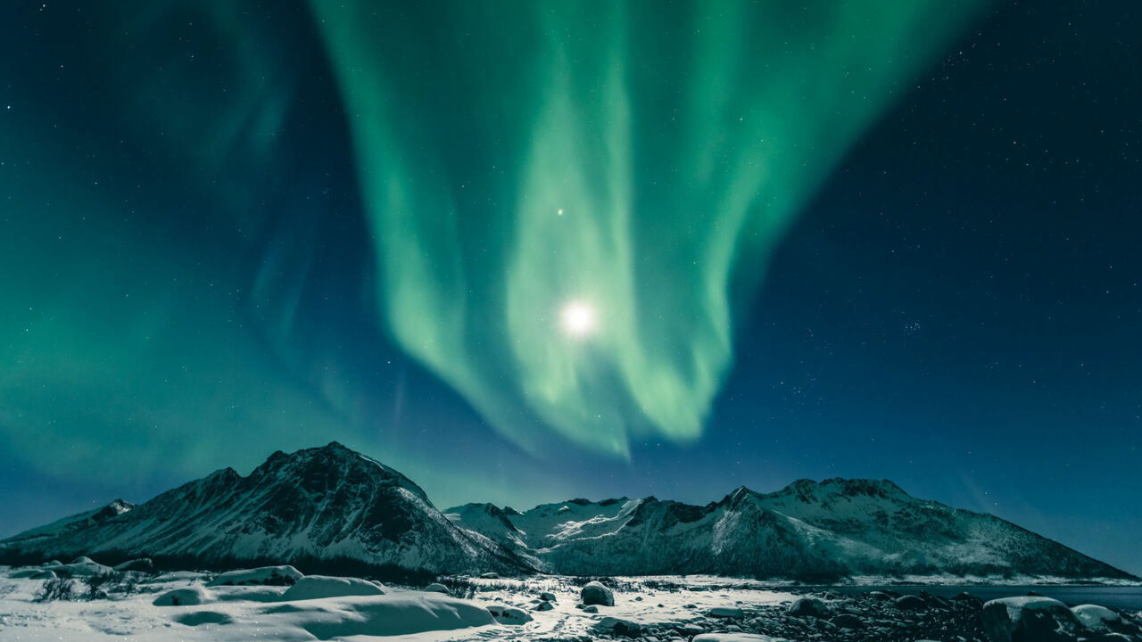 Polarlichter in Norwegen, über schneebedeckter Kulisse