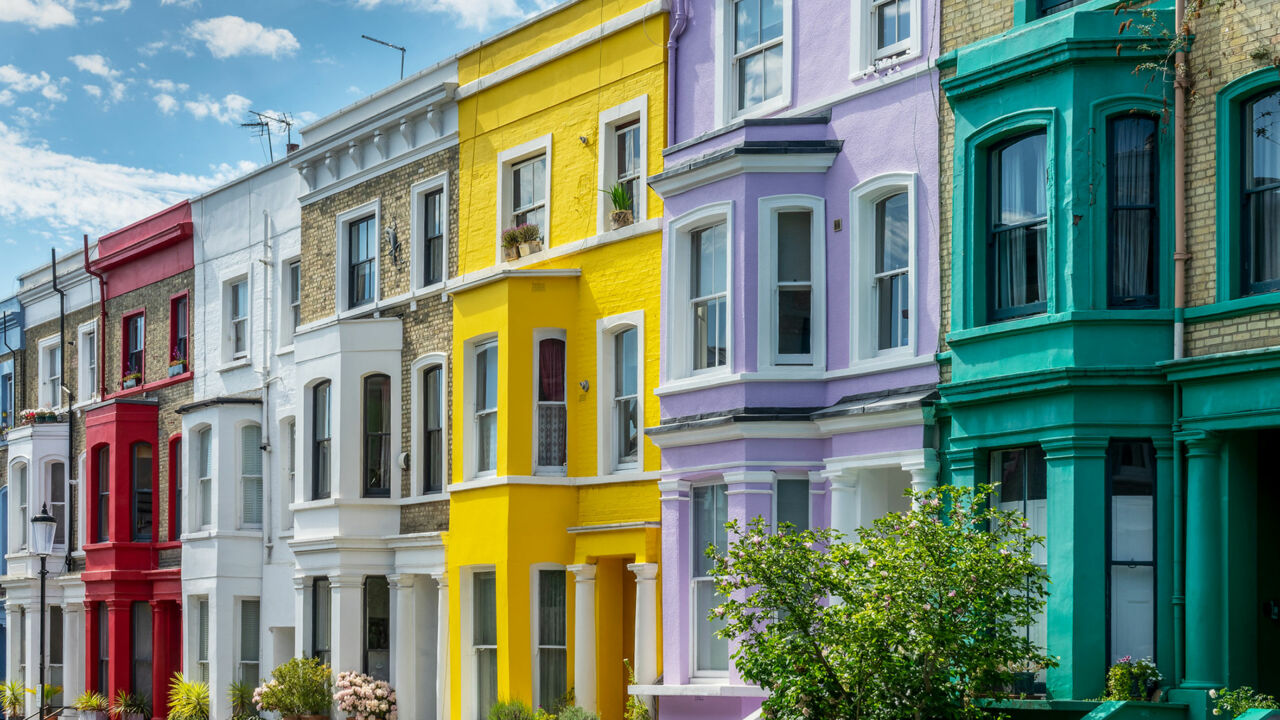 Bunte Häuser in Notting Hill, Stadtteil von London