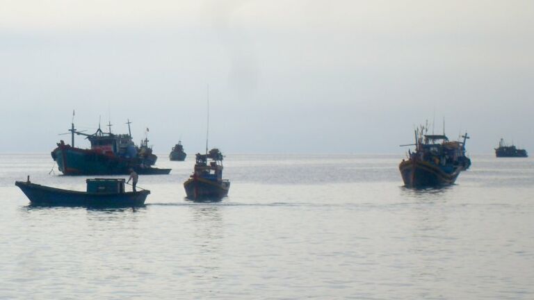... Fischerboote schaukeln friedlich vor der Küste. So fern jeglicher Sorgen war die Insel ...