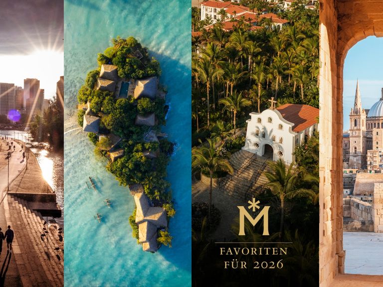 Reiseziele für 2026: Frankfurt, Sansibar, Los Cabos, Malta Merian Favoriten Collage