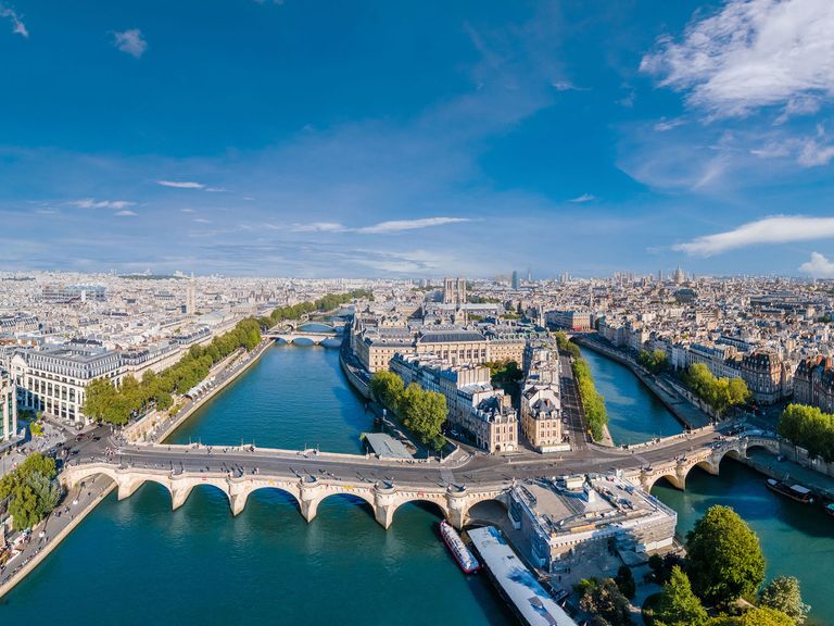 Hier zu sehen: eine Luftaufnahme der Île de la Cité in Paris. Luftaufnahme der Île de la Cité in Paris