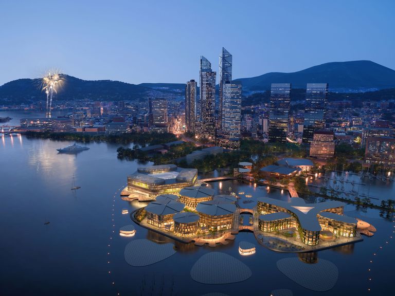 Ab 2025 soll vor der südkoreanischen Stadt Busan der sechs Hektar große Prototyp von Oceanix entstehen. Prototyp von Oceanix im südkoreanischen Busan, Rendering