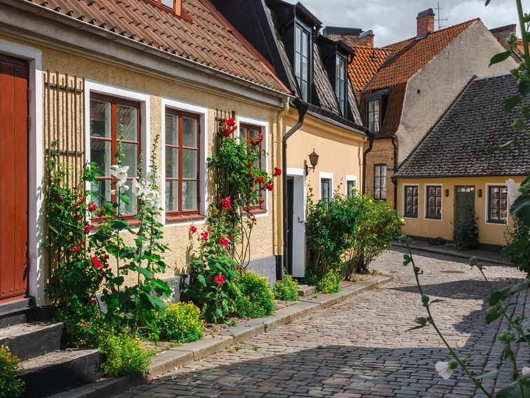 Die Innenstadt von Lund lockt mit historischen, gepflasterten Straßen – und häufig auch mit hübschen Stockrosen. Lund, Stadt in Südschweden