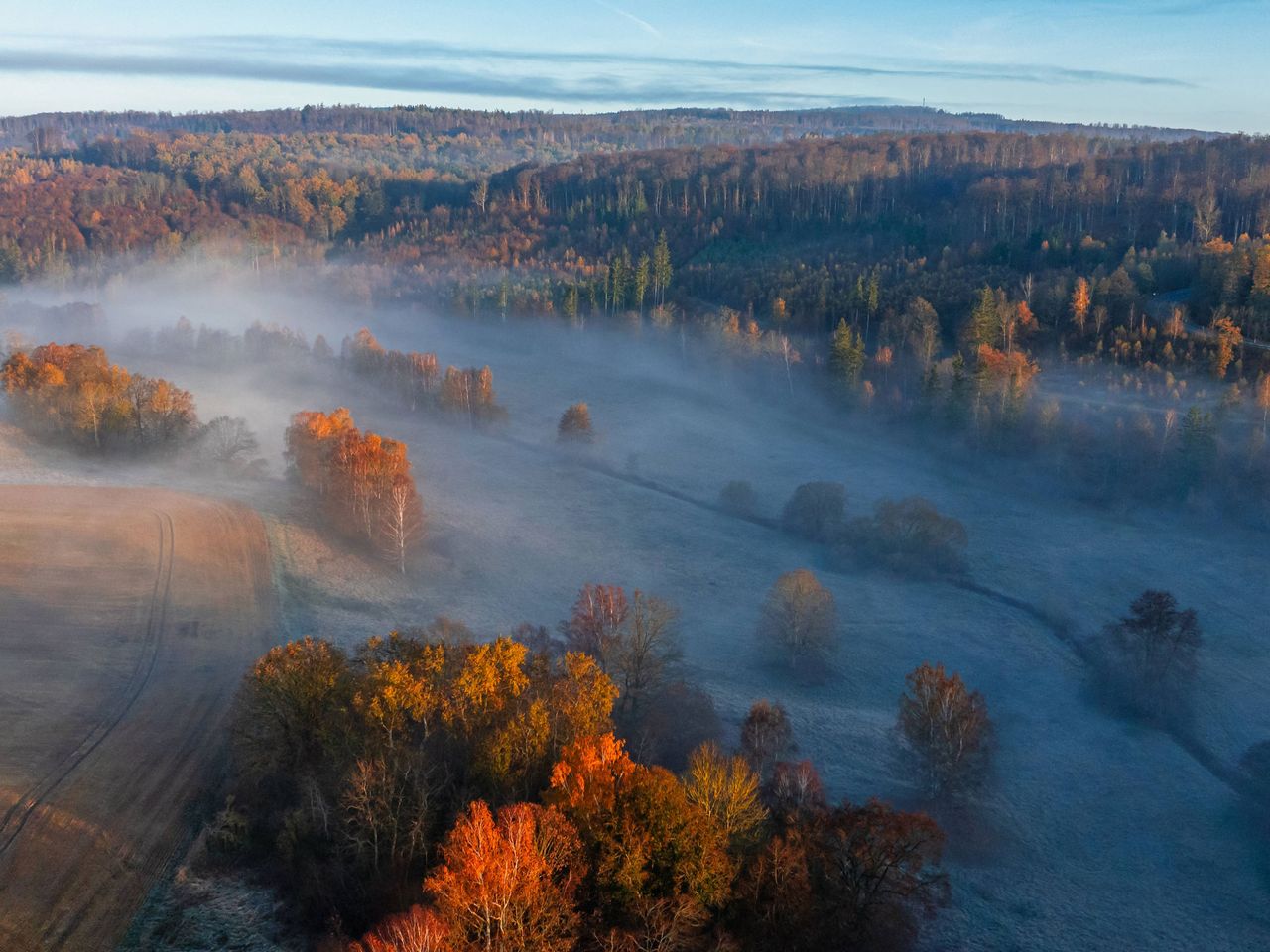 Nebel über dem Wald im Harz, Luftaufnahme 