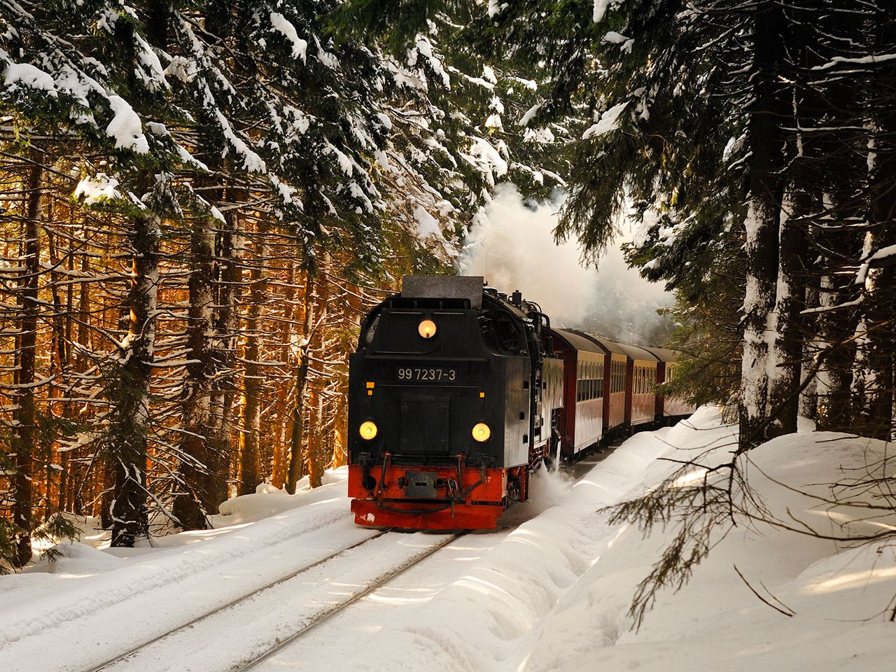 Brockenbahn fährt durch den verschneiten Harz