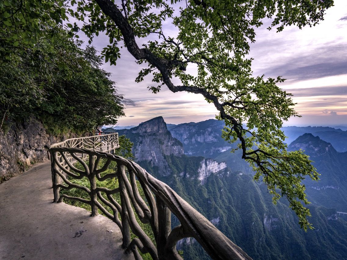 Schmaler Pfad mit Gel&auml;nder an einer Felswand, dahinter Bergketten im Dunst und ein &uuml;berh&auml;ngender Ast