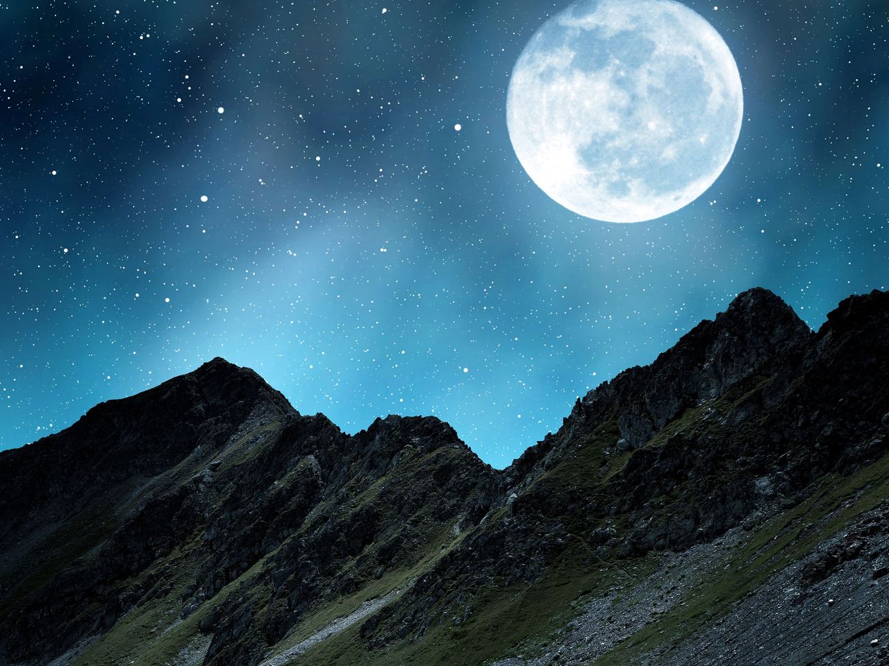 Vollmond und Sternenhimmel über den Bergen, Graubünden