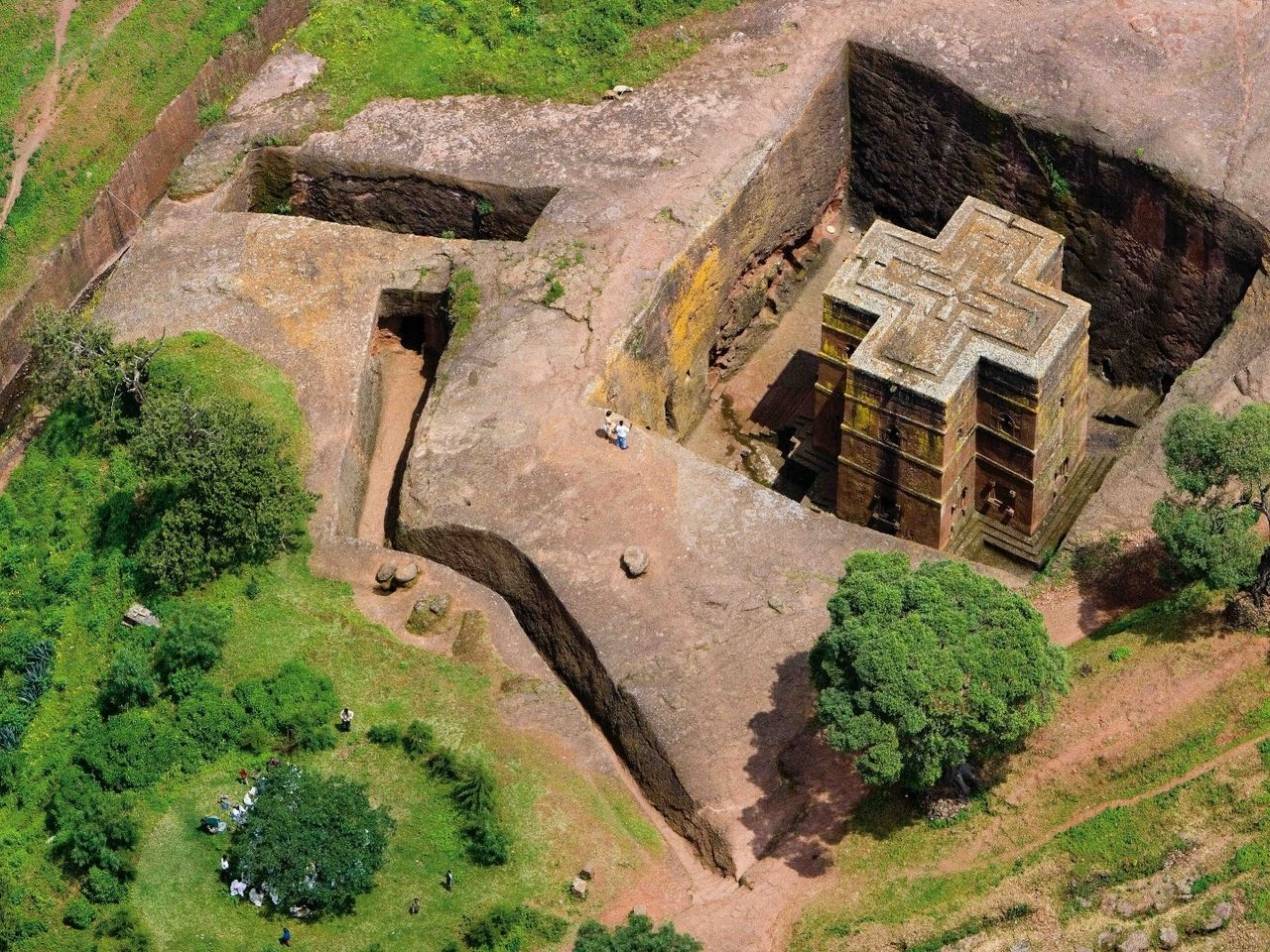 Felsenkirchen im äthiopischen Lalibela, von oben