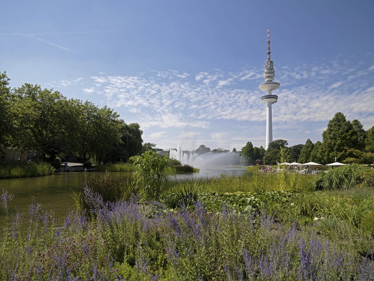 Park Planten un Blomen in Hamburg mit Blick auf den Fernsehturm