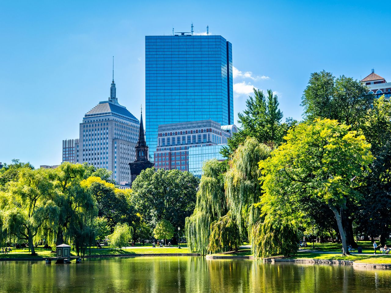Blick auf Skyline von Boston vom Stadtpark aus, Boston Common
