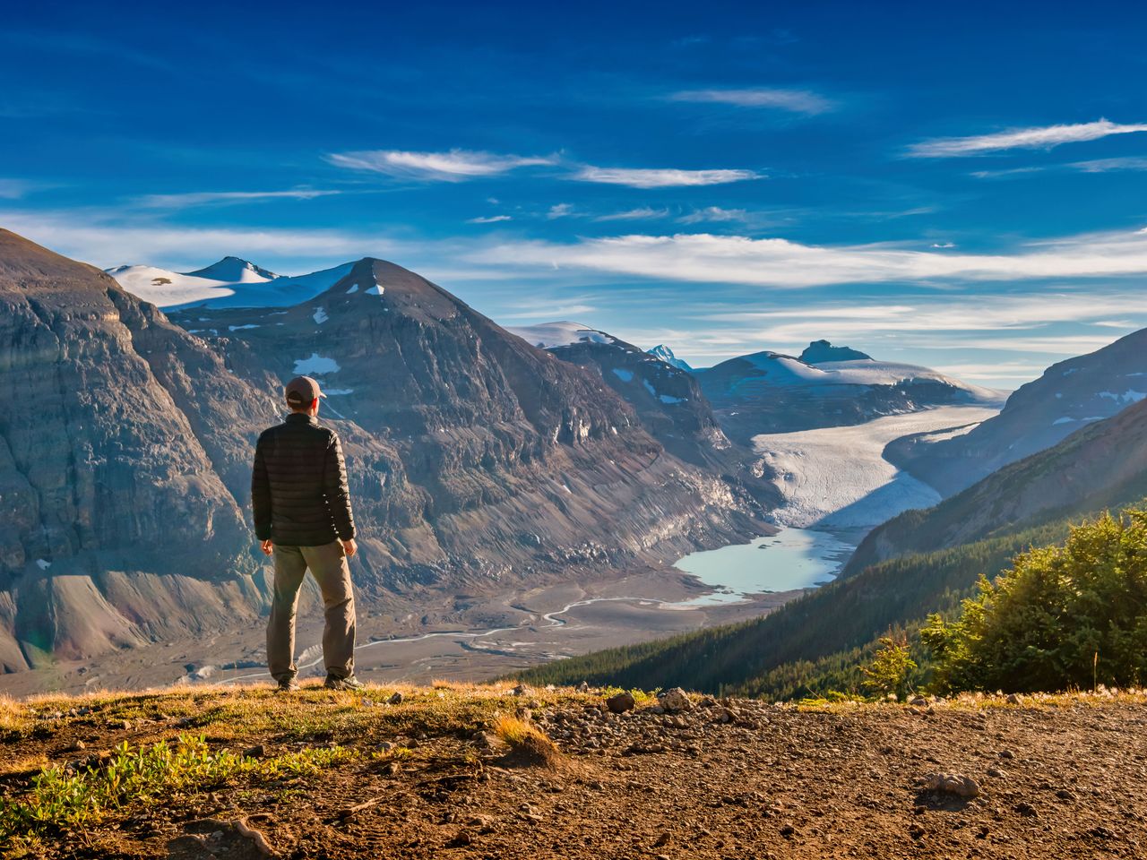 Wanderer blickt auf den Saskatchewan Glacier (Banff-Nationalpark)