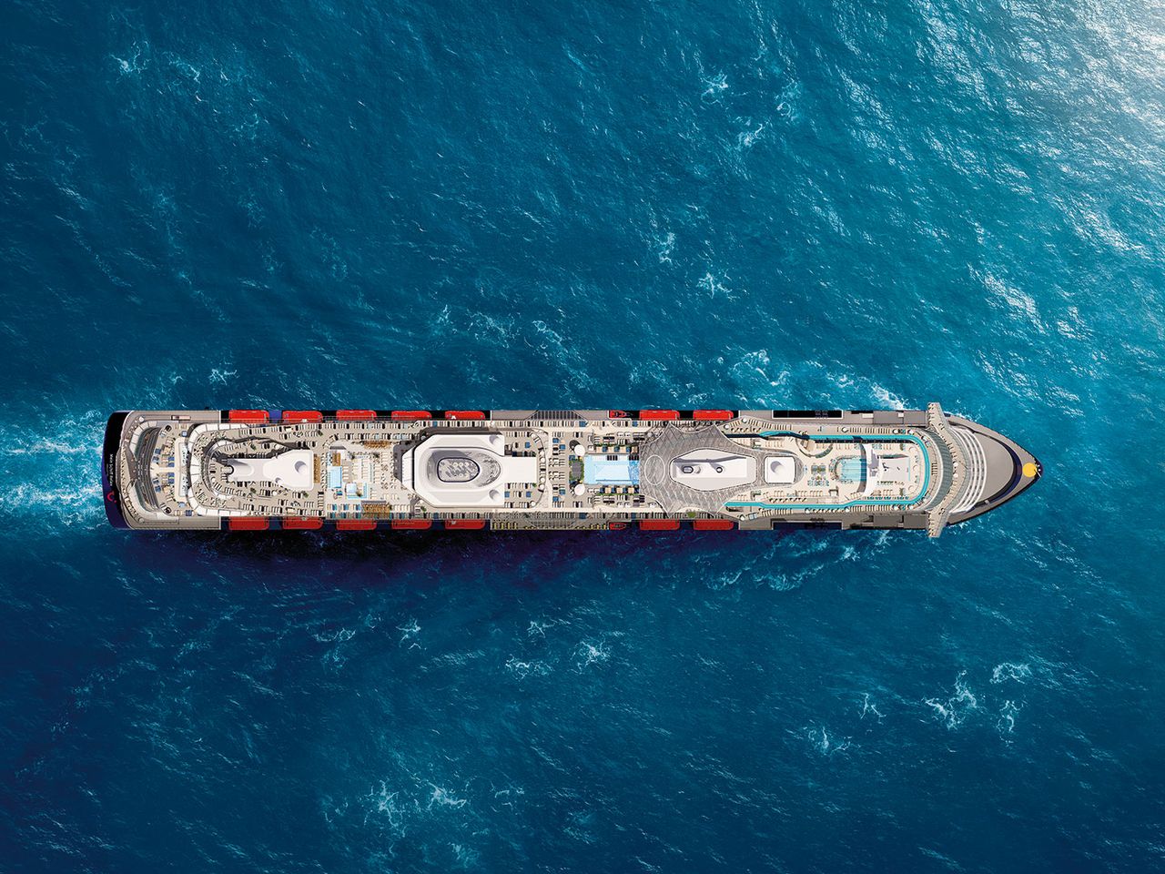 Luftaufnahme vom „Mein Schiff Relax“ von TUI Cruises auf dem Wasser