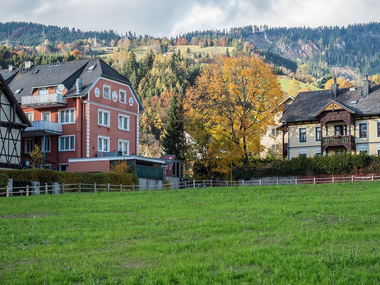 Häuser vor einer Wiese in Liezen, Steiermark