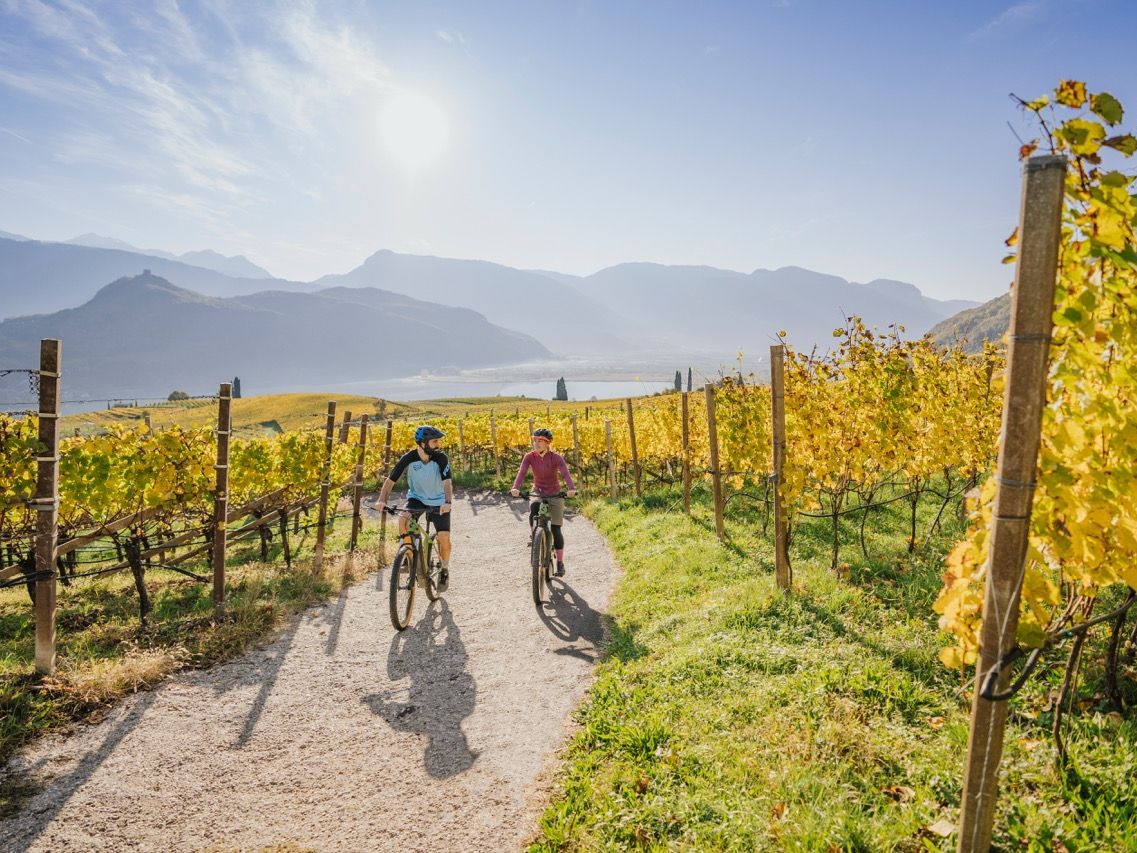 Zwei Personen fahren im herbstlichen Sonnenschein mit E-Bikes auf einem Schotterweg durch goldgelbe Weinberge an der Südtiroler Weinstraße. Im Hintergrund ist der Kalterer See und die umliegende Bergwelt im Dunst zu sehen.