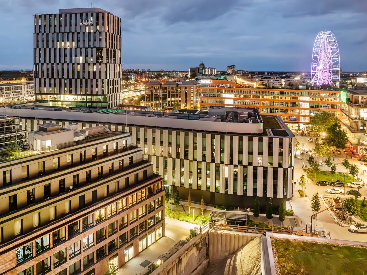Werksviertel München am Abend, von oben