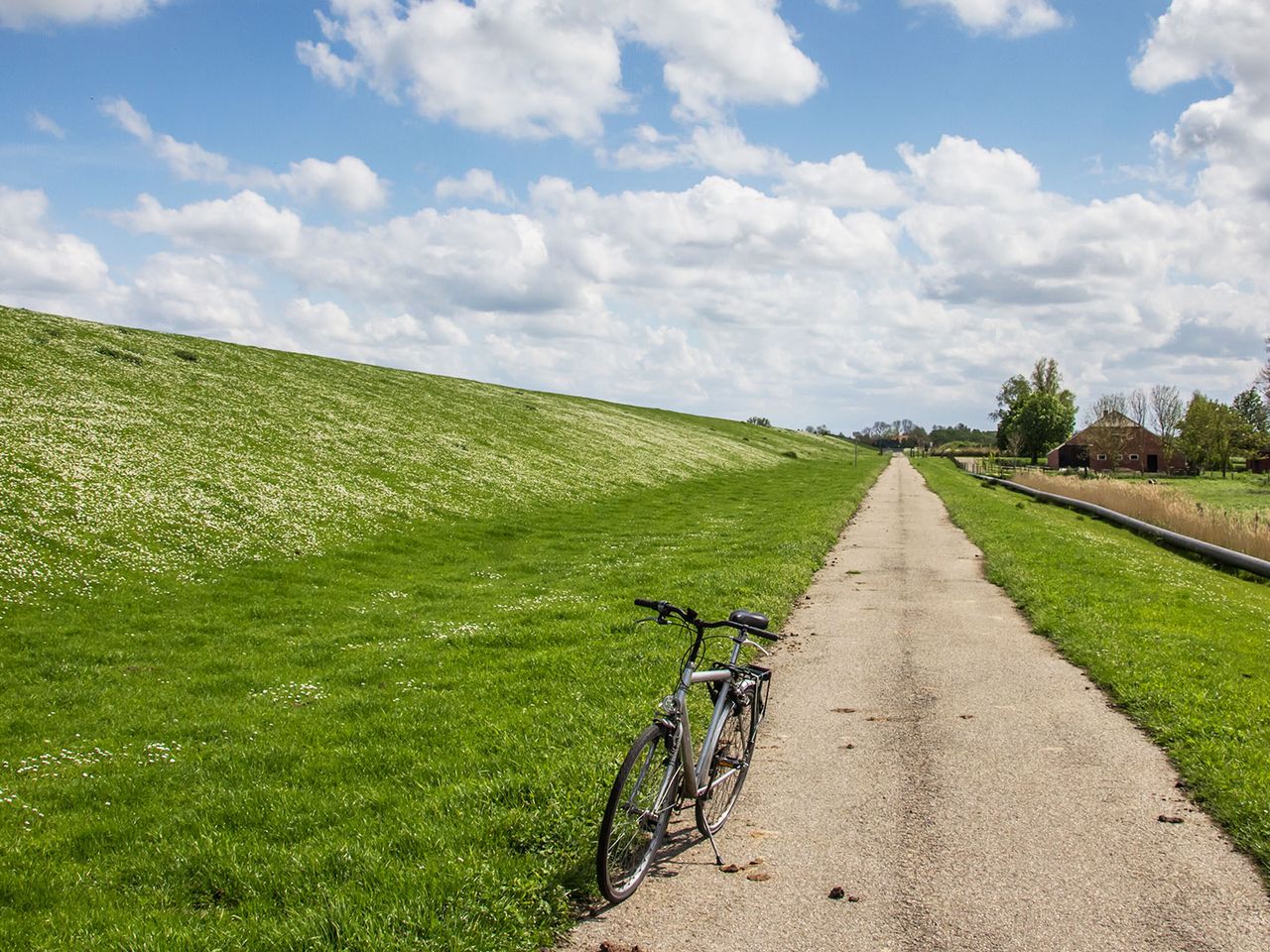 Ein Fahrrad steht entlang der Dollard Route in Ostfriesland