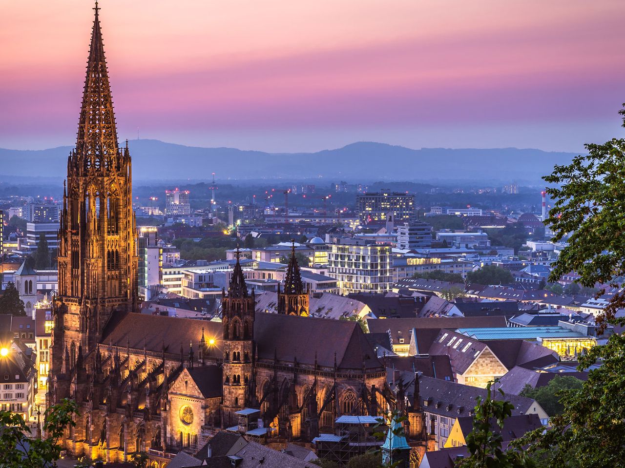 Freiburger Münster bei Sonnenuntergang