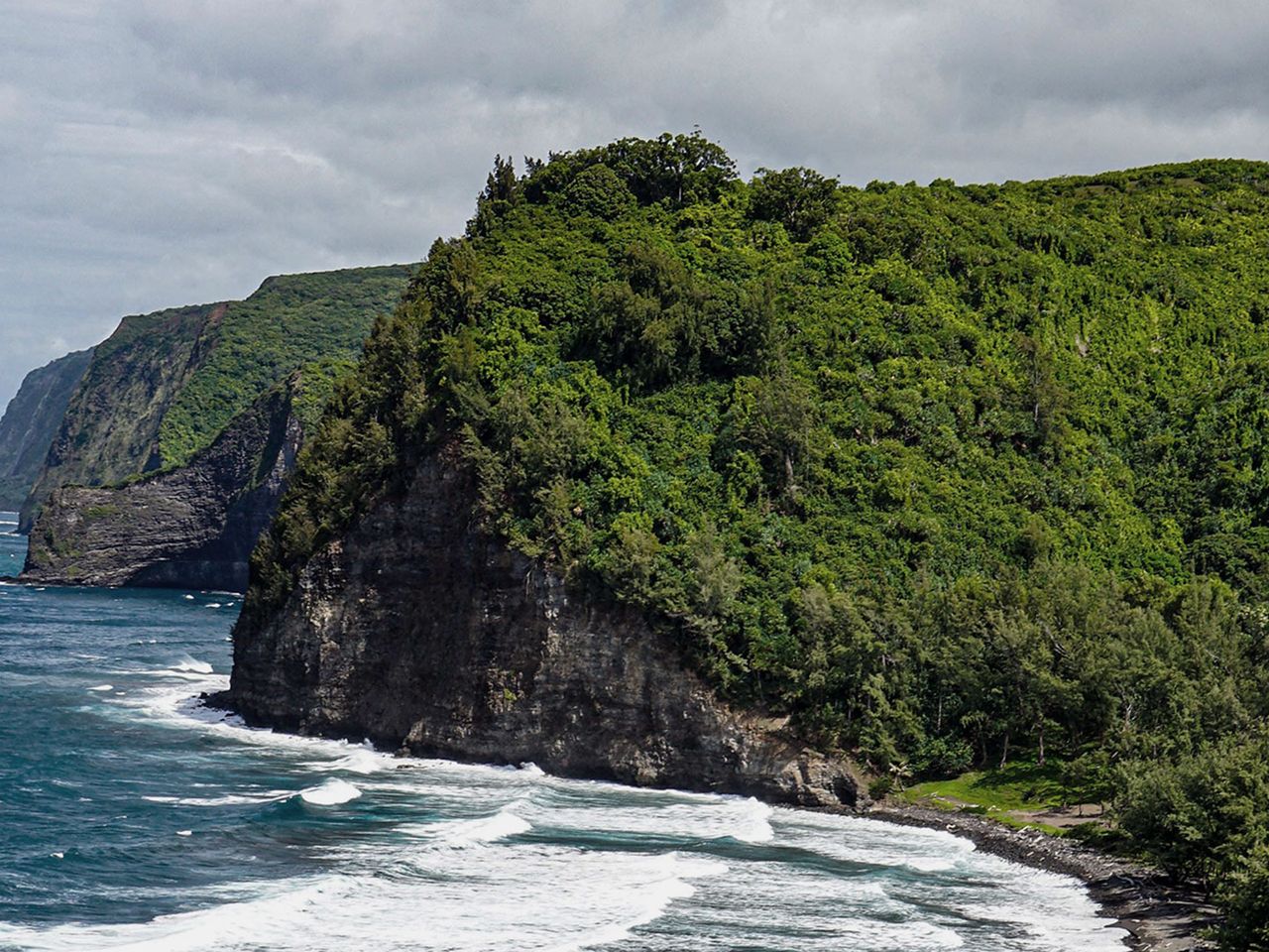 Schwarzer Sand, Palmen und türkisfarbenes Wasser an einem Strand auf Big Island