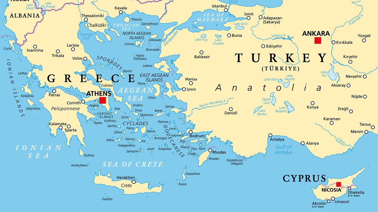 Karte mit den griechischen Inseln, englische Bezeichnungen