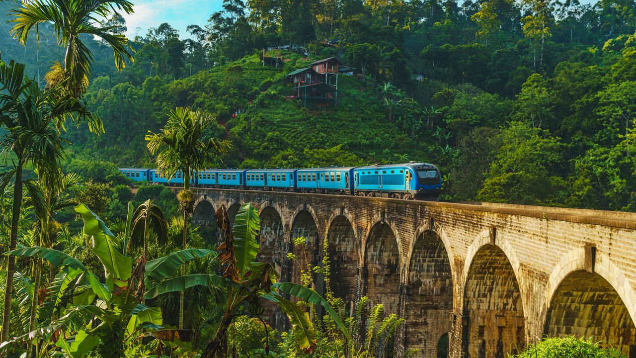 Zug fährt auf der Nine Arches Bridge bei Ella, Sri Lanka
