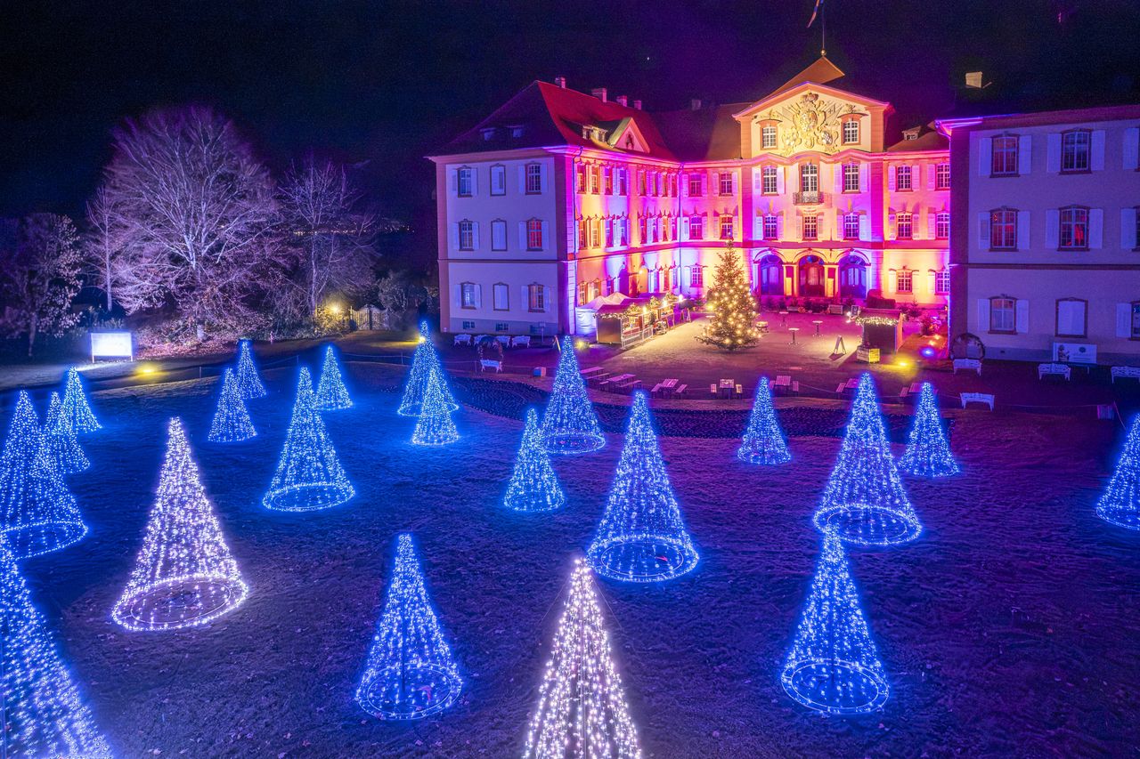 Schloss und der Lichterwald im Christmas Garden der Insel Mainau