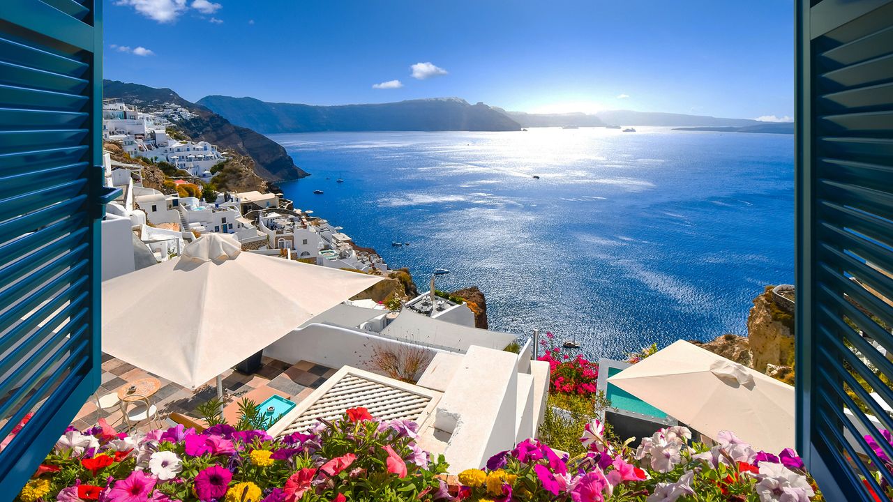 Santorini Blick aus dem Fenster