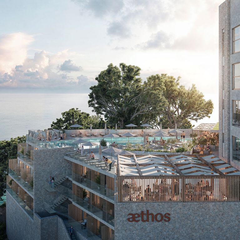 Blick von außen auf das neue Hotel Aethos Mallorca, Meer im Hintergrund